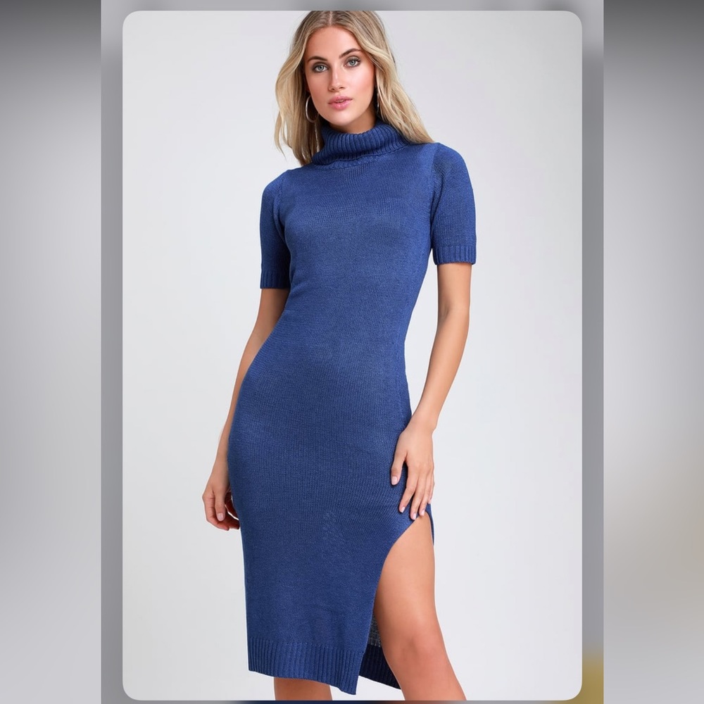 Coffee Date Royal Blue Turtleneck Midi Sweater Dress